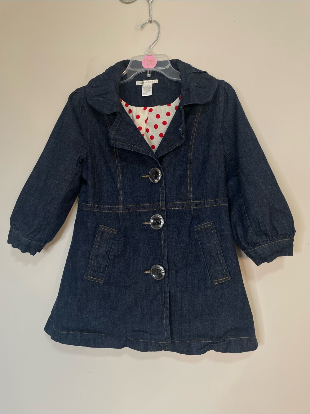 Hot & Delicious Navy Denim Blazer Jacket with Red Polka Dot Lining. Sz Medium